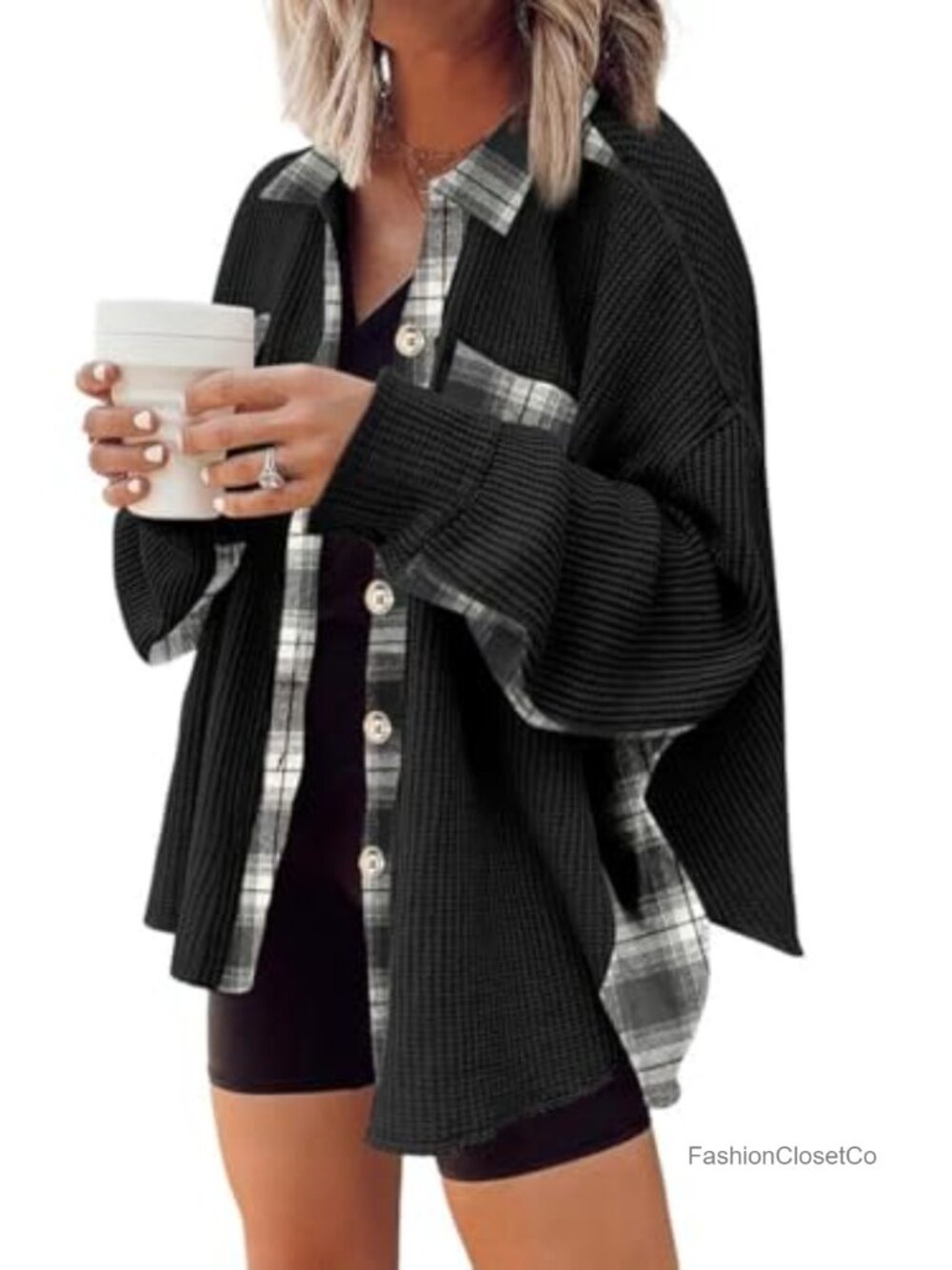 Waffle Knit Plaid Shacket Button Down Flannel Shirt Long Sleeve Oversized
